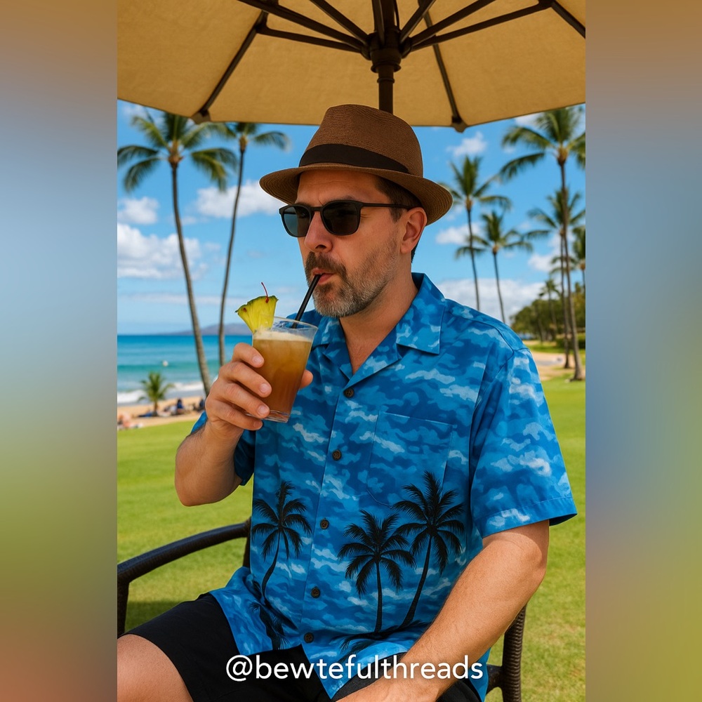 Reyn Spooner RS Technologies Hawaiian Shirt Palm Tree Aloha Blue